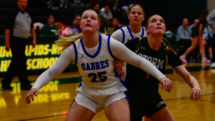 Sartell girls basketball junior Tess Hovda blocks out Sauk Rapids sophomore Jordan Dilley during a game Sept. 16, 2025 in Sauk Rapids. The Sabres won 67-28. Sartell girls basketball junior Tess Hovda blocks out Sauk Rapids sophomore Jordan Dilley during a game Sept. 16, 2025 in Sauk Rapids. The Sabres won 67-28.