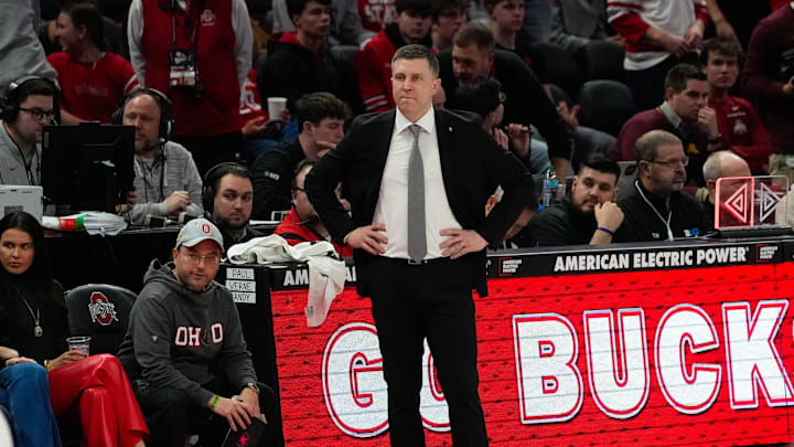 Ohio State Buckeyes head coach Jake Diebler watches his players in the second half of the NCAA basketball game at Value City Arena on Tuesday, Jan. 20, 2026 in Columbus, Ohio. Ohio State Buckeyes head coach Jake Diebler watches his players in the second half of the NCAA basketball game at Value City Arena on Tuesday, Jan. 20, 2026 in Columbus, Ohio.