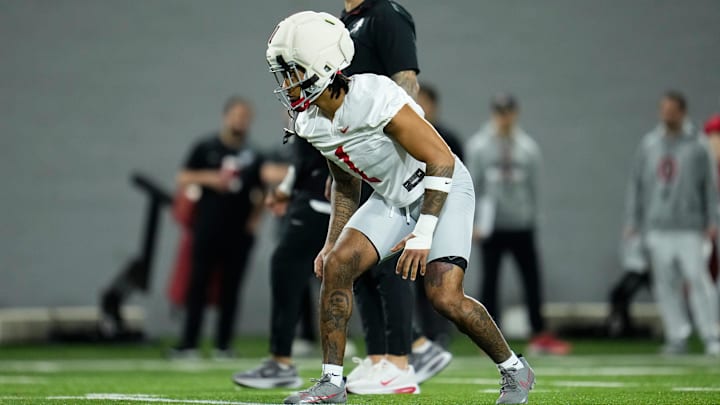 Ohio State Buckeyes cornerback Earl Little Jr. (1) lines up during the first day of spring workouts for the 2026 football season at Woody Hayes Athletic Complex in Columbus on March 10, 2026.