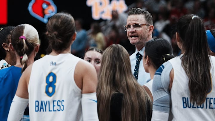 Pittsburgh head coach Dan Fisher instructs his team against Louisville during their Final Four match at the KFC Yum! Center in Louisville, Ky. on Dec. 19, 2024.