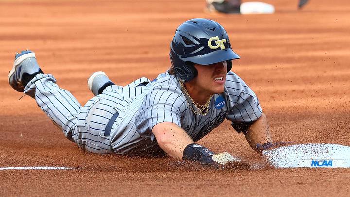 May 31, 2025; Oxford, MS, USA; Georgia Tech Yellowjackets outfielder Drew Burress (8) slides into third base during the first inning against the Murray State Racers. Mandatory Credit: Petre Thomas-Imagn Images May 31, 2025; Oxford, MS, USA; Georgia Tech Yellowjackets outfielder Drew Burress (8) slides into third base during the first inning against the Murray State Racers. Mandatory Credit: Petre Thomas-Imagn Images