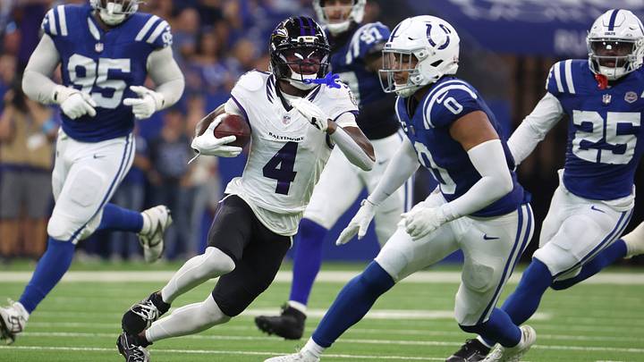 Sep 13, 2026; Indianapolis, Indiana, USA; Baltimore Ravens wide receiver Zay Flowers (4) runs with the ball against the Indianapolis Colts at Lucas Oil Stadium. Mandatory Credit: Trevor Ruszkowski-Imagn Images Sep 13, 2026; Indianapolis, Indiana, USA; Baltimore Ravens wide receiver Zay Flowers (4) runs with the ball against the Indianapolis Colts at Lucas Oil Stadium. Mandatory Credit: Trevor Ruszkowski-Imagn Images