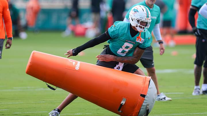 Miami Dolphins cornerback Juju Brents (8) works during practice at the Baptist Health Training Complex.