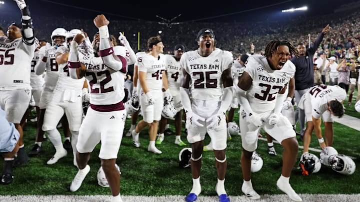 Sep 13, 2025; South Bend, Indiana, USA; Texas A&M Aggies celebrate after their win against Notre Dame Fighting Irish at Notre Dame Stadium. Mandatory Credit: Trevor Ruszkowski-Imagn Images