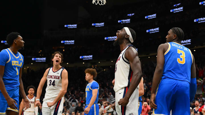 Dec 13, 2025; Seattle, Washington, USA; Gonzaga Bulldogs forward Graham Ike (15). Dec 13, 2025; Seattle, Washington, USA; Gonzaga Bulldogs forward Graham Ike (15).