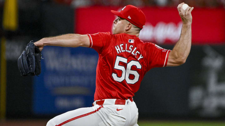 Jun 7, 2024; St. Louis, Missouri, USA;  St. Louis Cardinals relief pitcher Ryan Helsley (56) pitches against the Colorado Rockies during the ninth inning at Busch Stadium.
