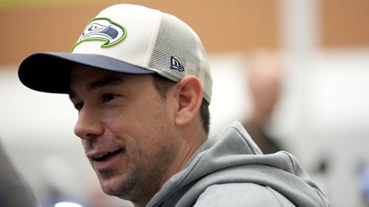 Feb 4, 2026; San Jose, CA, USA; Seattle Seahawks offensive coordinator Klint Kubiak speaks to the media at the San Jose Convention Center. Mandatory Credit: Cary Edmondson-Imagn Images