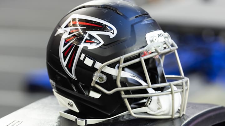 Dec 21, 2025; Glendale, Arizona, USA; Detailed view of an Atlanta Falcons helmet at State Farm Stadium. Mandatory Credit: Mark J. Rebilas-Imagn Images Dec 21, 2025; Glendale, Arizona, USA; Detailed view of an Atlanta Falcons helmet at State Farm Stadium. Mandatory Credit: Mark J. Rebilas-Imagn Images