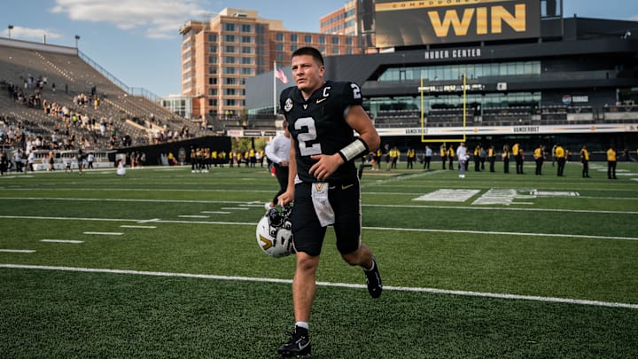 Vanderbilt quarterback Diego Pavia exits the field 