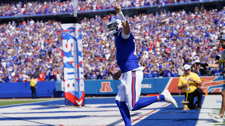 Buffalo Bills quarterback Josh Allen runs out prior to a game against the New Orleans Saints at Highmark Stadium.