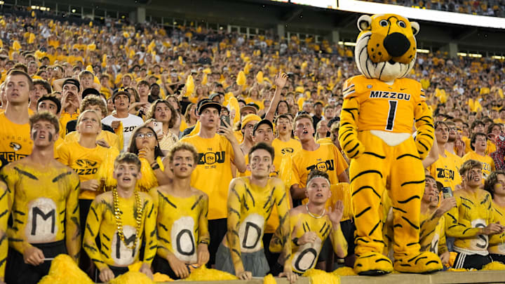 Sep 21, 2024; Columbia, Missouri, USA; The Missouri Tigers student section watches as Vanderbilt Commodores place kicker Brock Taylor (not pictured) misses a field goal to end the game during overtime at Faurot Field at Memorial Stadium. Mandatory Credit: Jay Biggerstaff-Imagn Images Sep 21, 2024; Columbia, Missouri, USA; The Missouri Tigers student section watches as Vanderbilt Commodores place kicker Brock Taylor (not pictured) misses a field goal to end the game during overtime at Faurot Field at Memorial Stadium. Mandatory Credit: Jay Biggerstaff-Imagn Images