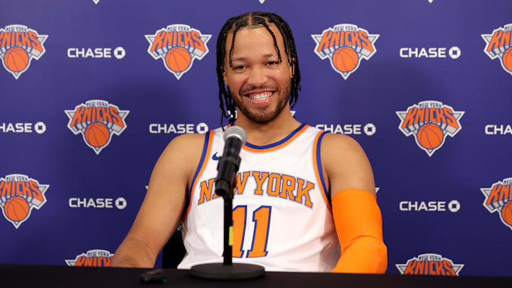 Sep 30, 2024; New York, NY, USA; New York Knicks guard Jalen Brunson speaks during a media day press conference at the MSG training facility in Tarrytown, NY. Mandatory Credit: Brad Penner-Imagn Images
