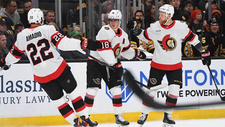 Tim Stützle, Michael Amadio and Nikolas Matinpalo celebrating a goal in the Ottawa Senators vs Boston Bruins game on October 5, 2026 Tim Stützle, Michael Amadio and Nikolas Matinpalo celebrating a goal in the Ottawa Senators vs Boston Bruins game on October 5, 2026