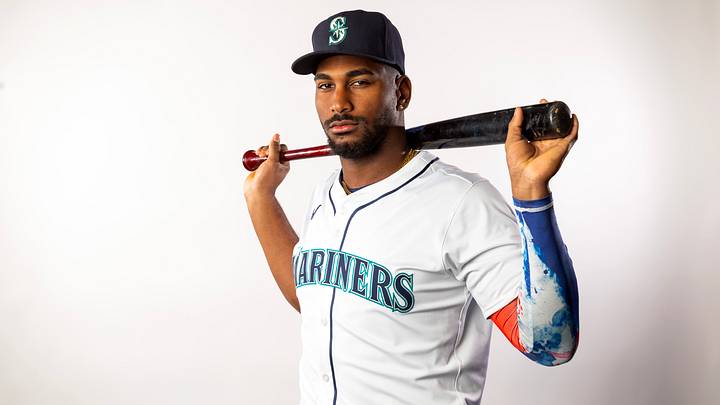 Feb 20, 2025; Peoria, AZ, USA; Seattle Mariners outfielder Lazaro Montes poses for a portrait during media day at Peoria Sports Complex. Mandatory Credit: Mark J. Rebilas-Imagn Images