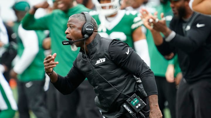 New York Jets Head Coach, Aaron Glenn, is shown during his first game on job, Sunday, September 7, 2025, in East Rutherford. New York Jets Head Coach, Aaron Glenn, is shown during his first game on job, Sunday, September 7, 2025, in East Rutherford.