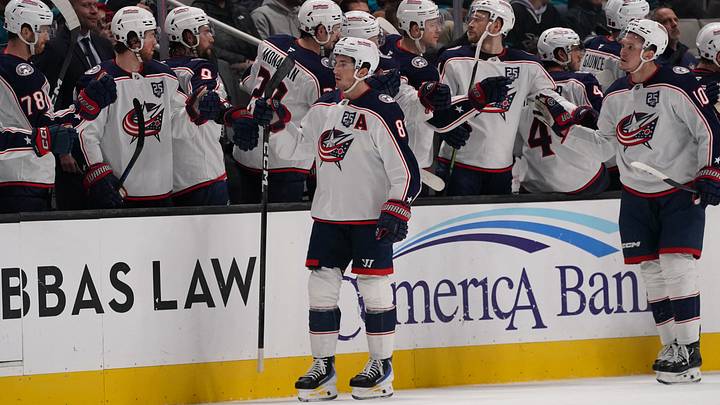 Jan 6, 2026; San Jose, California, USA; Columbus Blue Jackets defenseman Zach Werenski (8) celebrates with the bench after scoring a goal in the second period at SAP Center at San Jose. Mandatory Credit: David Gonzales-Imagn Images Jan 6, 2026; San Jose, California, USA; Columbus Blue Jackets defenseman Zach Werenski (8) celebrates with the bench after scoring a goal in the second period at SAP Center at San Jose. Mandatory Credit: David Gonzales-Imagn Images