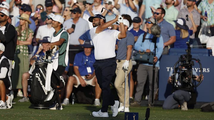Spaun tees off on the par-3 17th hole Saturday at Sawgrass.