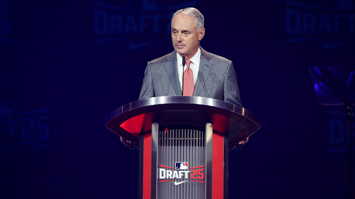 Jul 13, 2025; Atlanta, GA, USA; MLB Commissioner Rob Manfred opens the MLB Draft at The Coca-Cola Roxy. Mandatory Credit: Brett Davis-Imagn Images