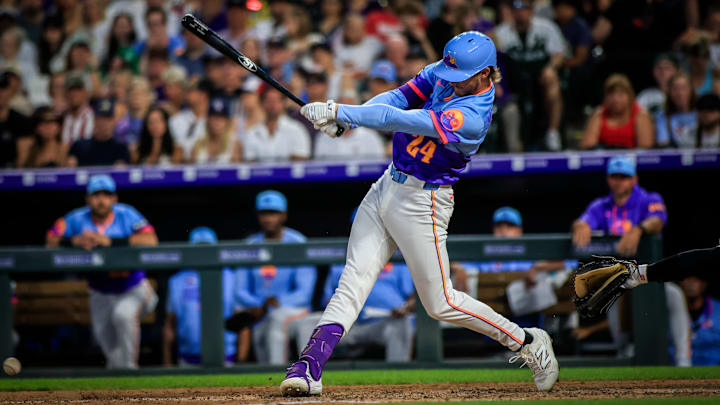 Jul 4, 2025; Denver, Colorado, USA; Colorado Rockies third base Ryan McMahon (24) bats against the Chicago White Sox at Coors Field. Mandatory Credit: Chet Strange-Imagn Images