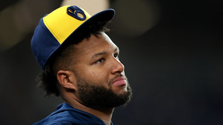 Apr 17, 2026; Miami, Florida, USA; Milwaukee Brewers center fielder Jackson Chourio (11) looks on from the dugout against the Miami Marlins at loanDepot Park. Mandatory Credit: Sam Navarro-Imagn Images