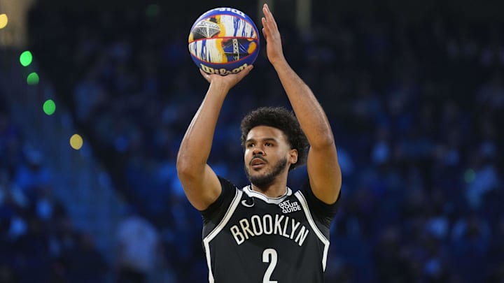 Feb 15, 2025; San Francisco, CA, USA; Brooklyn Nets forward Cam Johnson (2) competes in the three-point contest during All Star Saturday Night ahead of the 2025 NBA All Star Game at Chase Center. Mandatory Credit: Kyle Terada-Imagn Images