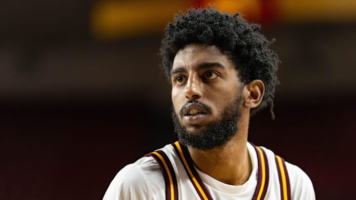 Arizona State Sun Devils Moe Odum (5) looks at the net before taking a shot during a game against the Southern Utah Thunderbirds at Desert Financial Arena in Tempe on Nov. 4, 2025.