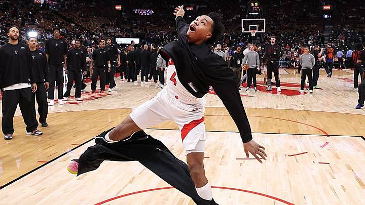 Scottie Barnes lost his pants during warmups while attempting a dunk during the preseason. Scottie Barnes lost his pants during warmups while attempting a dunk during the preseason.