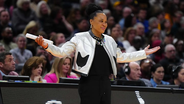 Apr 7, 2024; Cleveland, OH, USA; South Carolina Gamecocks head coach Dawn Staley reacts during the 2024 NCAA Tournament Women's Final Four championship game against the Iowa Hawkeyes at Rocket Mortgage FieldHouse.  Mandatory Credit: Kirby Lee-Imagn Images
