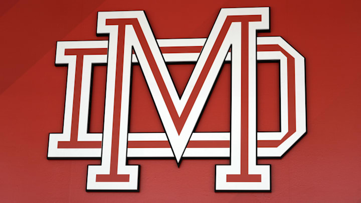 May 24, 2022; Santa Ana, California USA; The Mater Dei Monarchs logo during the Mater Dei High Heisman Homecoming ceremony at the Meruelo Athletic Center.