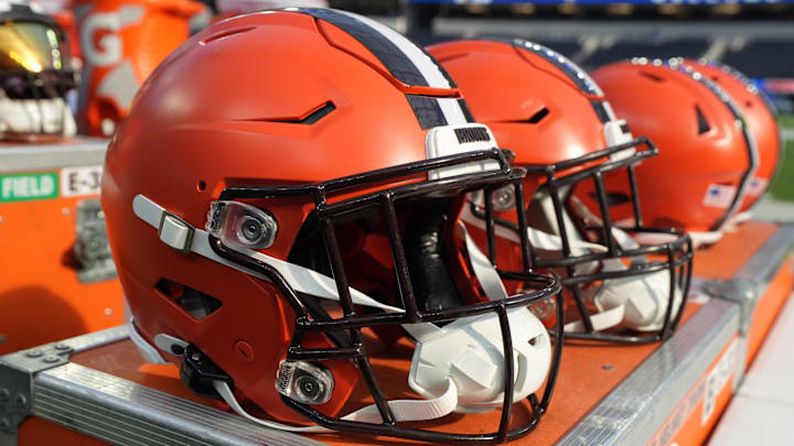 Dec 3, 2023; Inglewood, California, USA; Riddell speedflex Cleveland Browns helmets on the sidelines at SoFi Stadium. Mandatory Credit: Kirby Lee-Imagn Images Dec 3, 2023; Inglewood, California, USA; Riddell speedflex Cleveland Browns helmets on the sidelines at SoFi Stadium. Mandatory Credit: Kirby Lee-Imagn Images