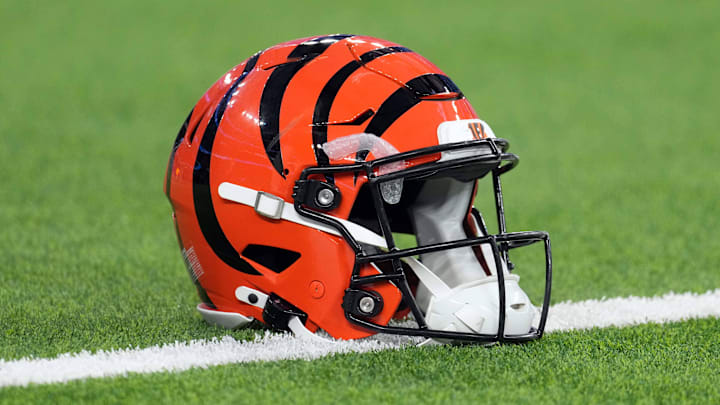 Nov 17, 2024; Inglewood, California, USA; A Cincinnati Bengals Riddell Speedflex helmet on the field at SoFi Stadium. Mandatory Credit: Kirby Lee-Imagn Images