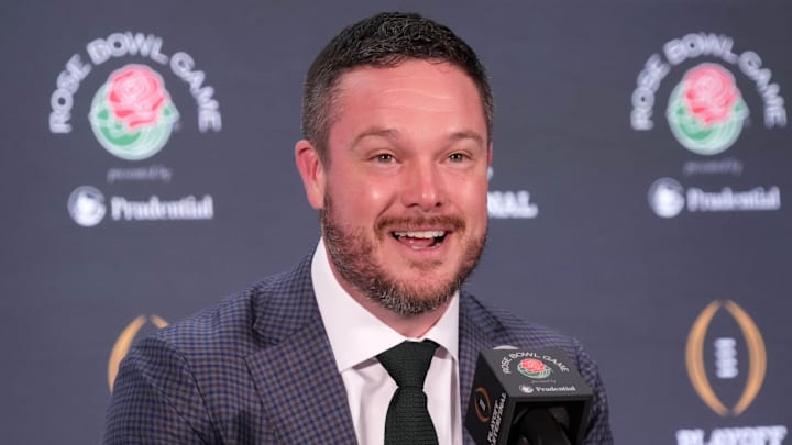 Dec 31, 2024; Los Angeles, California, USA; Oregon Ducks head coach Dan Lanning during the Rose Bowl head coaches press conference at Sheraton Grand LA. Mandatory Credit: Kirby Lee-Imagn Images