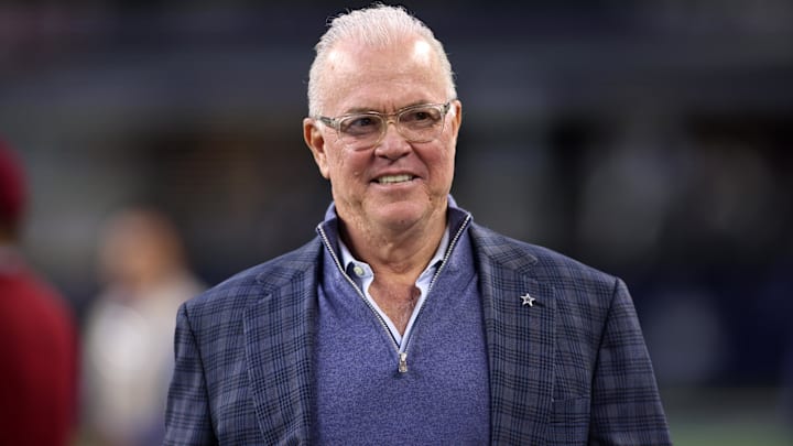 Dallas Cowboys CEO Stephen Jones walks on the field before the game against the Tampa Bay Buccaneers.