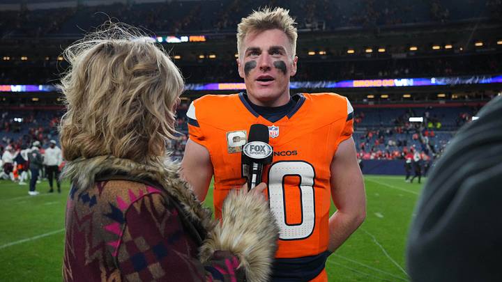 Nov 17, 2024; Denver, Colorado, USA; Denver Broncos quarterback Bo Nix (10) speaks to Fox Sports following the win over the Atlanta Falcons at Empower Field at Mile High. Nov 17, 2024; Denver, Colorado, USA; Denver Broncos quarterback Bo Nix (10) speaks to Fox Sports following the win over the Atlanta Falcons at Empower Field at Mile High.