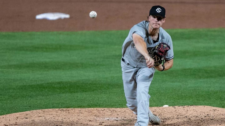 Gamecocks pitcher James Hicks (34) was back out to the mound against Florida in Game 1 of NCAA Super Regionals, Friday, June 9, 2023, at Condron Family Ballpark in Gainesville, Florida.Florida beat the Gamecocks 5-4.  [Cyndi Chambers/ Gainesville Sun] 2023