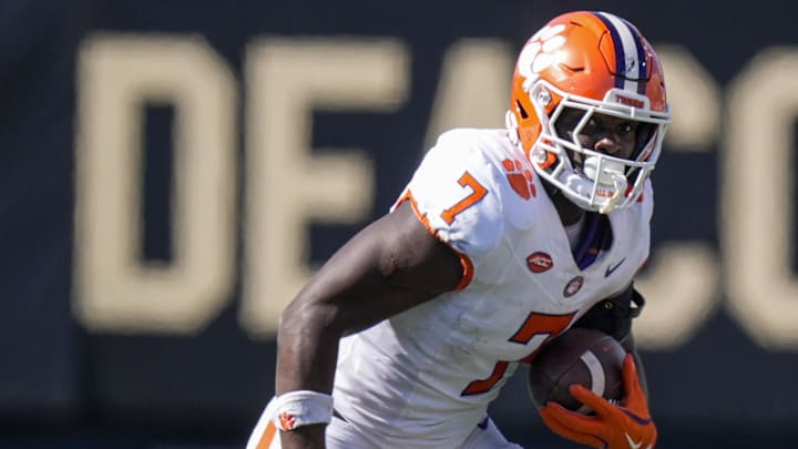 Oct 12, 2024; Winston-Salem, North Carolina, USA; Clemson Tigers running back Phil Mafah (7) during the second half against the Wake Forest Demon Deacons at Allegacy Federal Credit Union Stadium.