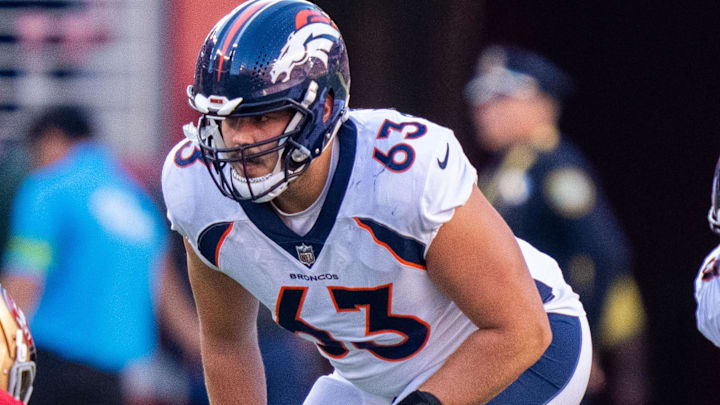 August 19, 2023; Santa Clara, California, USA; Denver Broncos offensive tackle Alex Palczewski (63) during the second quarter against the San Francisco 49ers at Levi's Stadium. Mandatory Credit: Kyle Terada-Imagn Images August 19, 2023; Santa Clara, California, USA; Denver Broncos offensive tackle Alex Palczewski (63) during the second quarter against the San Francisco 49ers at Levi's Stadium. Mandatory Credit: Kyle Terada-Imagn Images