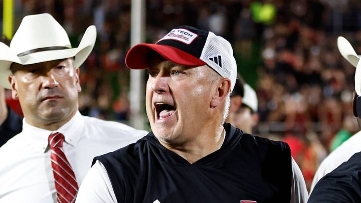 Sep 18, 2026; Lubbock, Texas, USA;  Texas Tech Red Raiders head coach Joey McGuire reacts after the game against the Houston Cougars at Galaxy Stadium. 
