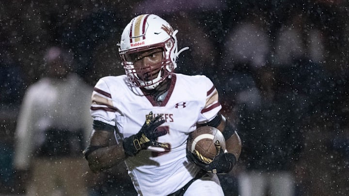 Devin Kelly (5) rushes to the end zone but is called back on a Chiefs penalty during the Northview vs Jay playoff football game at Jay High School on Friday, Nov. 10, 2023.