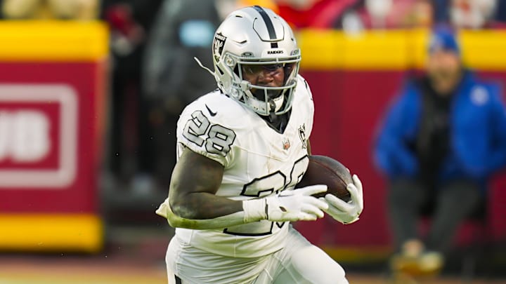 Nov 29, 2024; Kansas City, Missouri, USA; Las Vegas Raiders running back Sincere McCormick (28) during the second half against the Kansas City Chiefs at GEHA Field at Arrowhead Stadium. Mandatory Credit: Jay Biggerstaff-Imagn Images