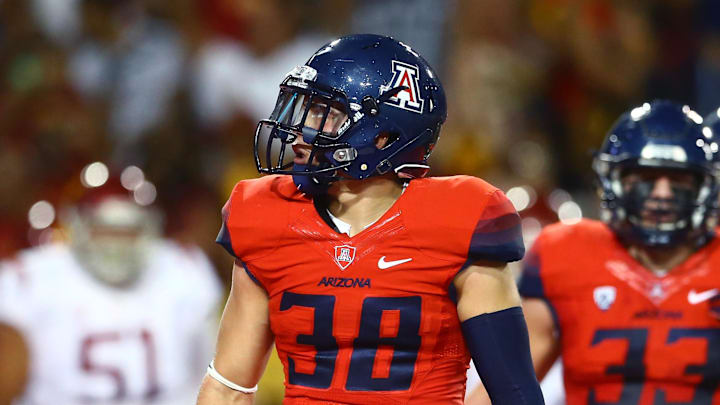Oct 11, 2014; Tucson, AZ, USA; Arizona Wildcats safety Jared Tevis (38) against the Southern California Trojans at Arizona Stadium. Mandatory Credit: Mark J. Rebilas-Imagn Images Oct 11, 2014; Tucson, AZ, USA; Arizona Wildcats safety Jared Tevis (38) against the Southern California Trojans at Arizona Stadium. Mandatory Credit: Mark J. Rebilas-Imagn Images