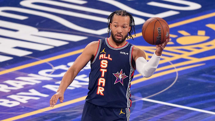 Feb 16, 2025; San Francisco, CA, USA; Kennyís Young Stars guard Jalen Brunson (11) of the New York Knicks controls the ball against Chuckís Global Stars during the 2025 NBA All Star Game at Chase Center. Mandatory Credit: Cary Edmondson-Imagn Images