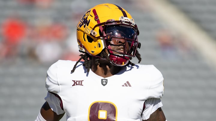 Nov 30, 2024; Tucson, Arizona, USA; Arizona State Sun Devils wide receiver Troy Omeire (9) against the Arizona Wildcats during the Territorial Cup at Arizona Stadium. Mandatory Credit: Mark J. Rebilas-Imagn Images