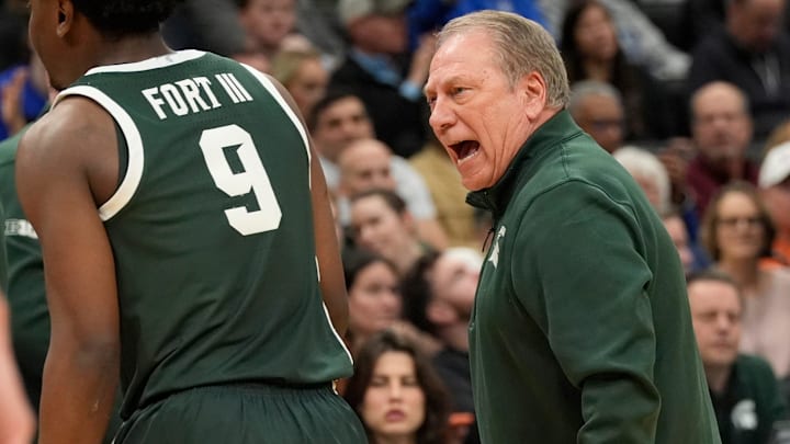 Michigan State coach Tom Izzo lays into Michigan State guard Trey Fort (9) during a time out in the first half of the 2026 NCAA Men's Basketball East Regional game against UConn at Capital One Arena in Washington DC on Friday, March 27, 2026.