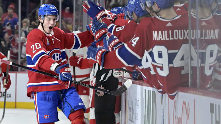 Apr 16, 2024; Montreal, Quebec, CAN; Montreal Canadiens forward Juraj Slafkovsky (20) celebrates