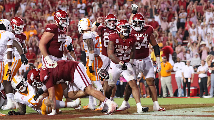 Arkansas running back Ja’Quinden Jackson celebrates after scoring against Tennessee.