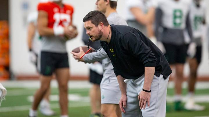 Oregon head coach Dan Lanning leads practice Thursday, April 14, 2022.