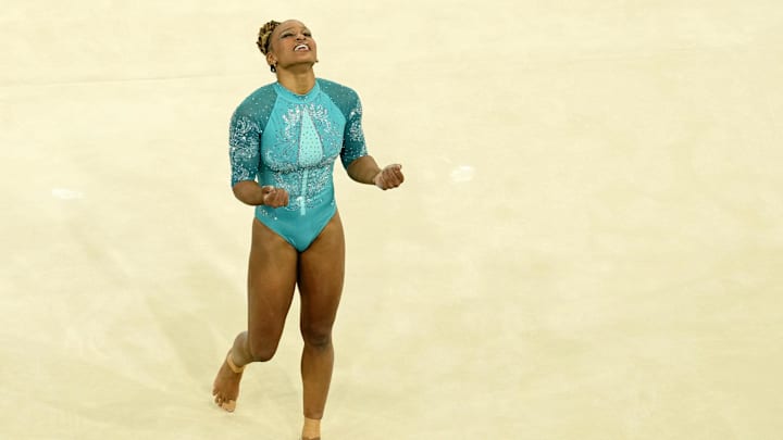 Aug 5, 2024; Paris, France; Rebeca Andrade of Brazil reacts after competing on the floor exercise on day three of the gymnastics event finals during the Paris 2024 Olympic Summer Games. 