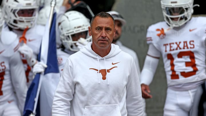 Oct 25, 2025; Starkville, Mississippi, USA; Texas Longhorns head coach Steve Sarkisian walks out of the lockerroom prior to the game against the Mississippi State Bulldogs at Davis Wade Stadium at Scott Field.
