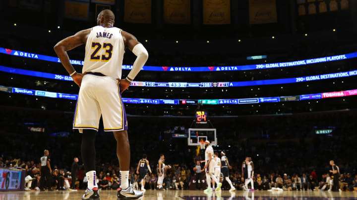 Apr 27, 2024; Los Angeles, California, USA; Los Angeles Lakers forward LeBron James (23) during the fourth quarter in game four of the first round for the 2024 NBA playoffs against the Denver Nuggets at Crypto.com Arena. Mandatory Credit: Jason Parkhurst-USA TODAY Sports